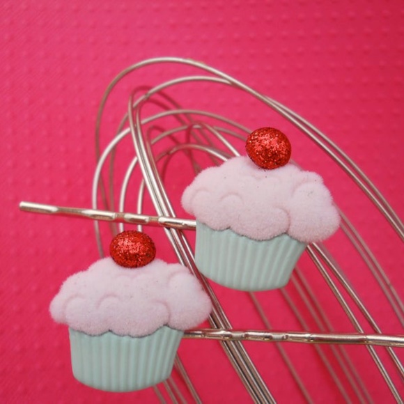 cherry berry cupcake hairpins - pink and sea green - Picture 5 of 5